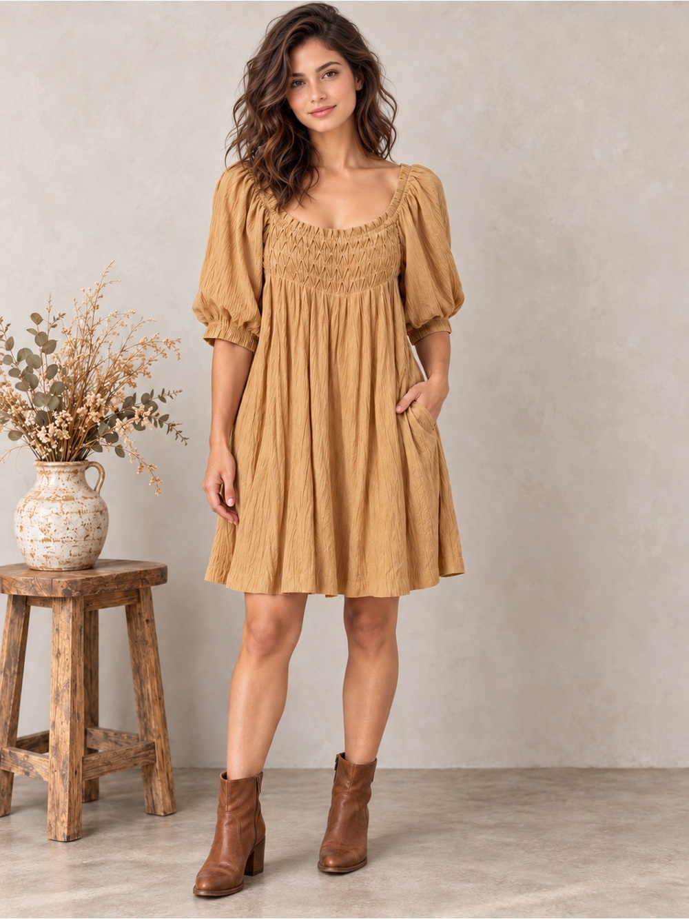 Boho Prairie Smocked Puff Sleeve Mini Dress Mustard Ochre Cottagecore M